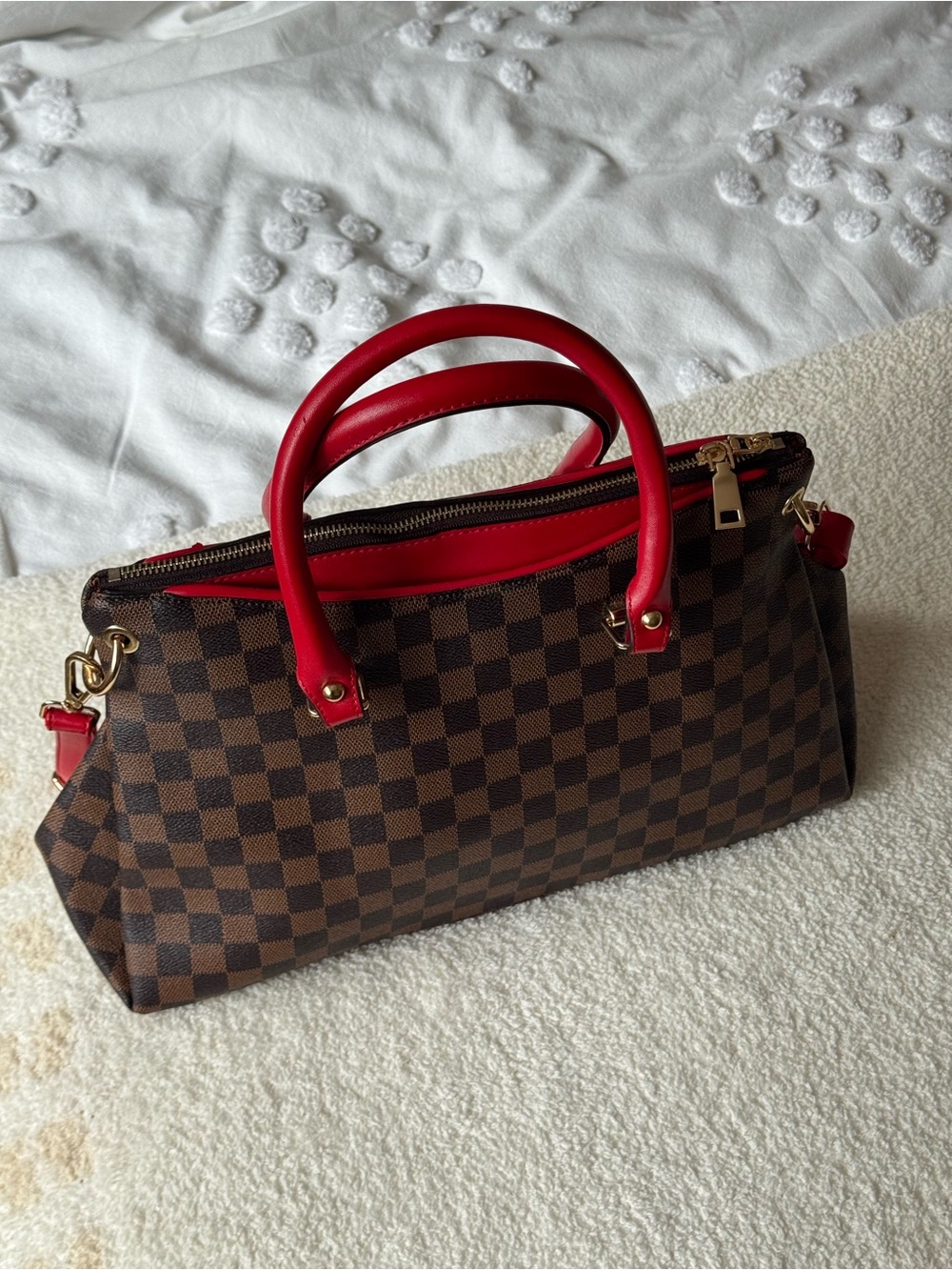 Brown Checkered Handbag with Red Trim
